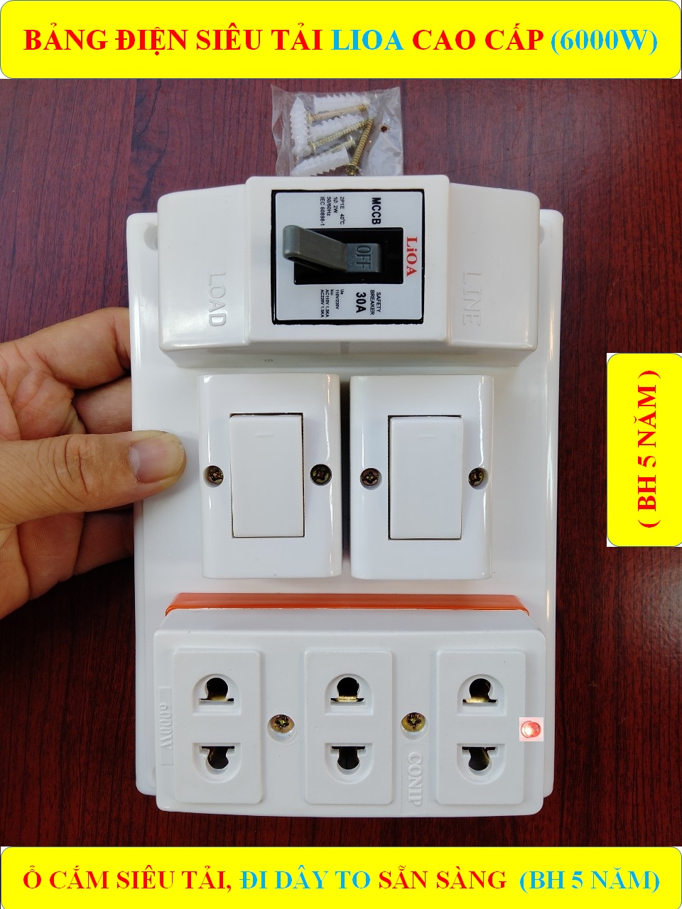Bảng điện nổi, Táp lô điện CONIP CHỊU TẢI CAO 6000W (BH 5 NĂM) + 2 Công tắc + 1 Ổ cắm SỨ SIÊU TẢI 6000W lò xo chống giãn + Đã đi dây TO sẵn sàng + Bộ ốc vít lắp đặt (bộ 1 sp )