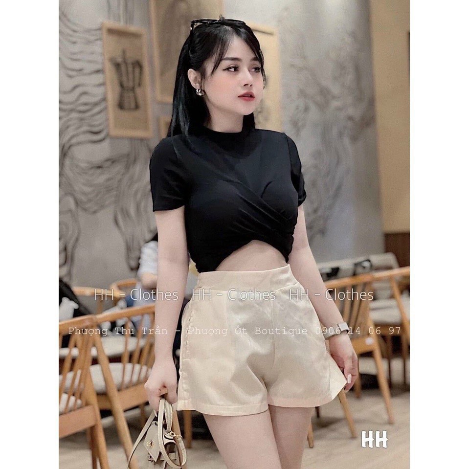 Áo thun croptop cổ tròn ngắn tay phối xoắn trước bụng ttvv0380