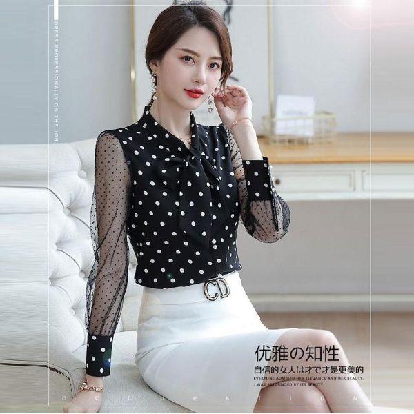 [HCM]ÁO SƠ MI CÔNG SỞ NỮ CHẤM BI TAY PHỐI LƯỚI CAO CẤP