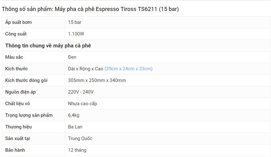 Máy pha cà phê Tiross TS6211