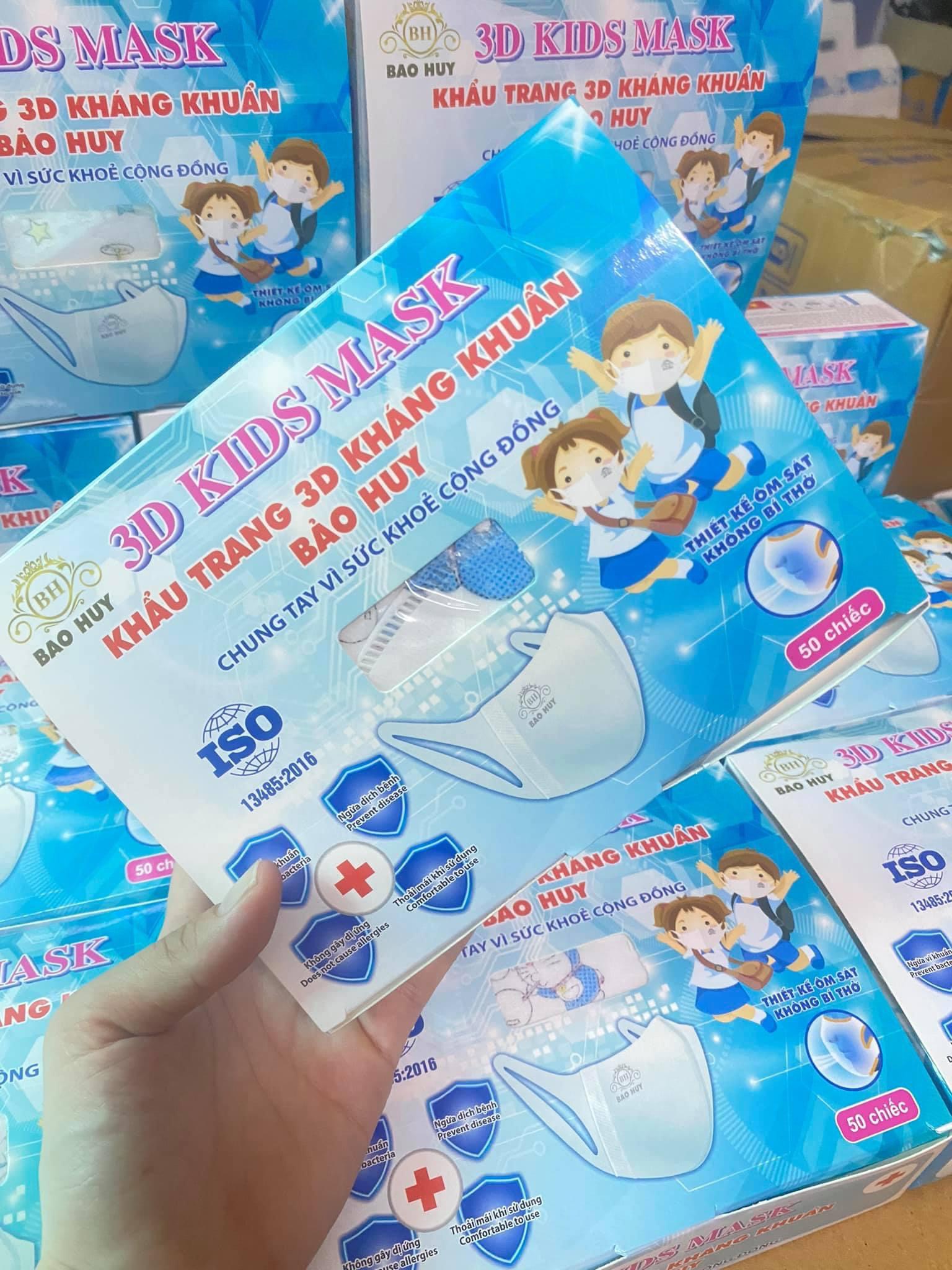 Hộp 50 Cái Khẩu Trang Em Bé 3D In Hình BẢO HUY Kháng Khuẩn, yên tâm cho bé dùng mùa dịch