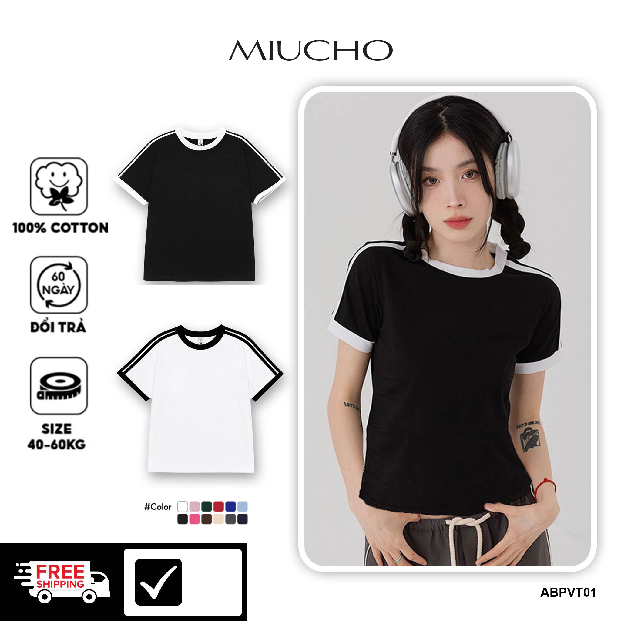 Áo baby tee phối trơn ABPVT01 Miucho cotton cổ tròn in basic