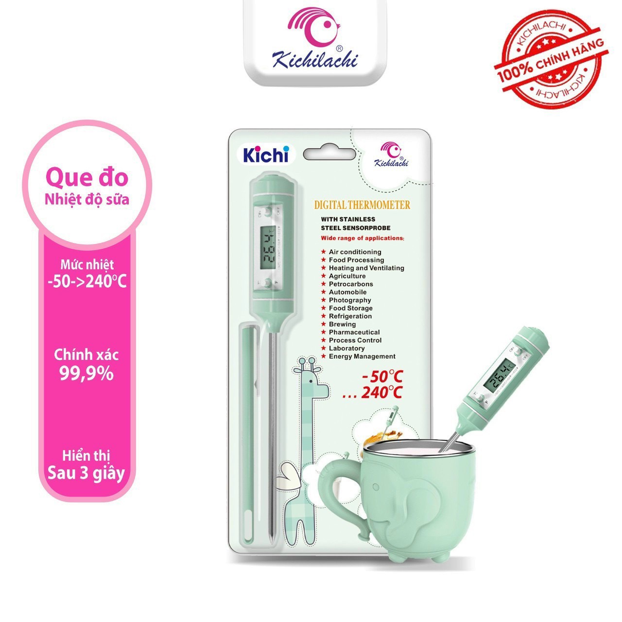 Que đo Kichi, Nhiệt kế đo nhiệt độ sữa, cháo, nước, chất lỏng an toàn cho bé và gia đình