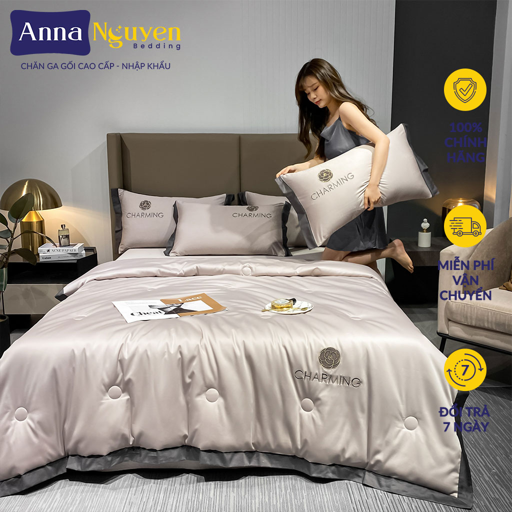 Bộ Chăn Ga Gối Đệm Phi Lụa Charming Drap Giường Phi Lụa Cao Cấp Bo Chun Drap - Anna Nguyen Bedding