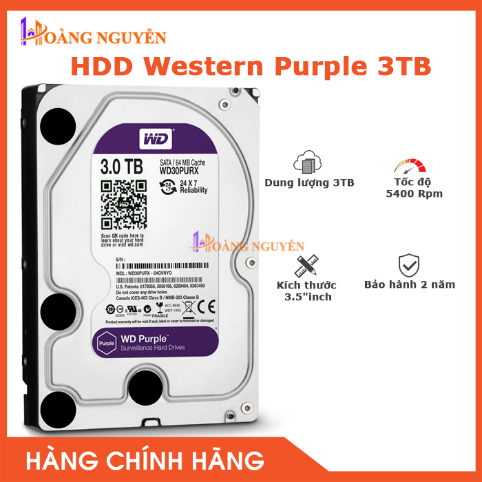 [HCM][NHÀ PHÂN PHỐI] Ổ Cứng Chuyên Dụng Cho Camera HDD Western Purple 3TB WD30PURZ (Tím) - Công Nghệ Hoàng Nguyễn