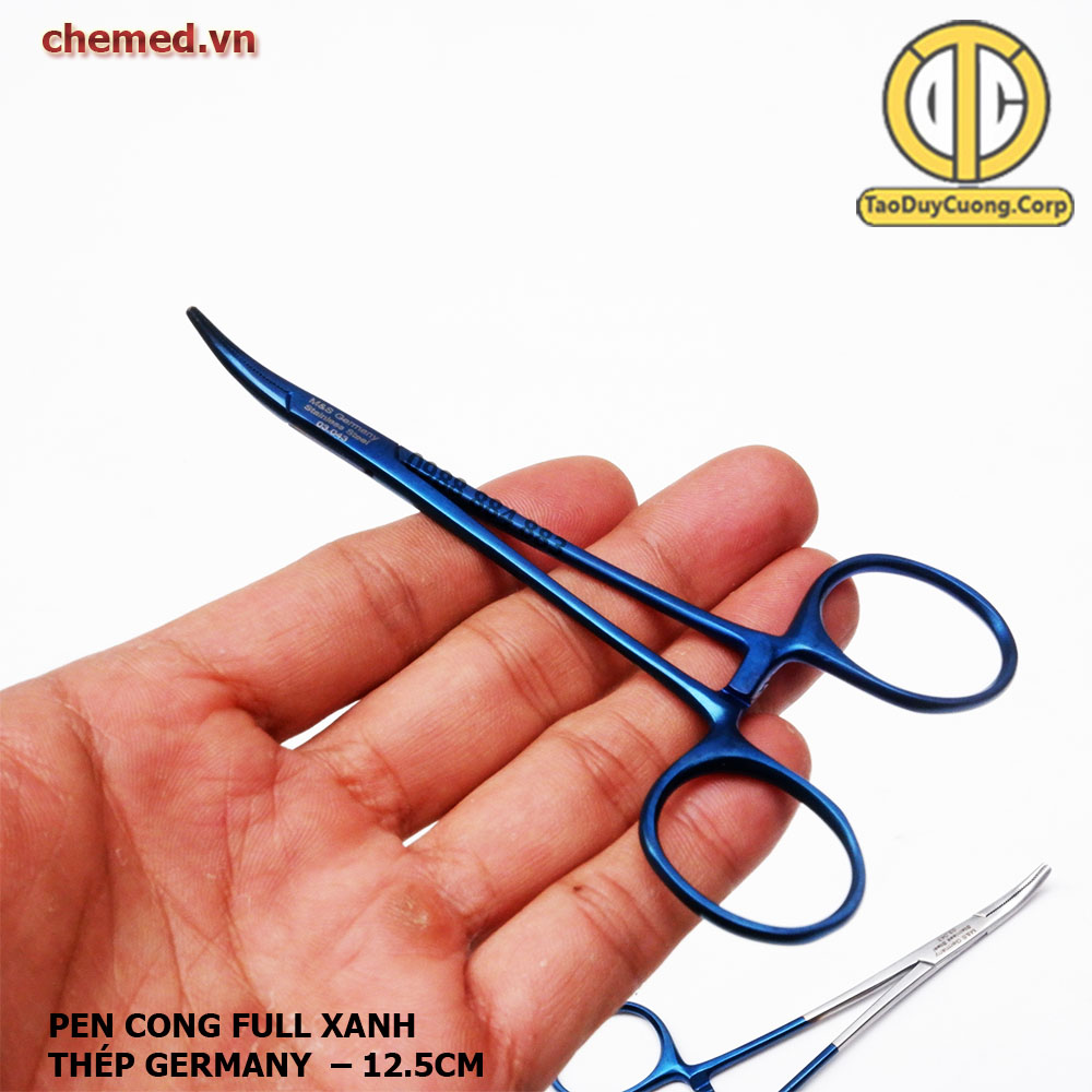 Pen kẹp cong chuôi xanh và full xanh 12.5cm dùng trong y tế, thẩm mỹ, phẫu thuật, spa