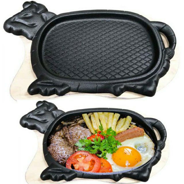 Chảo gang chống dính kèm đế gỗ làm bò bít tết Dragon D008 - Loại lớn