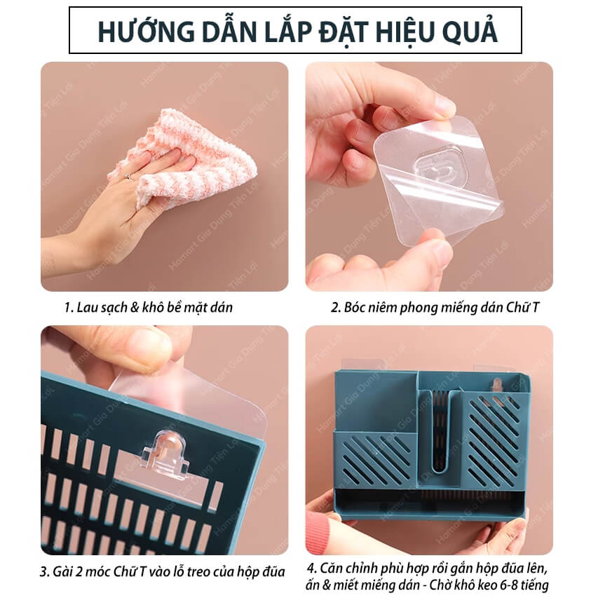 Wall-Mounted Chopsticks and Spoon Box with Lid and 3 Hooks Drainage Tray  Anti-Dirt Ecoco Super Adhesive Stickers