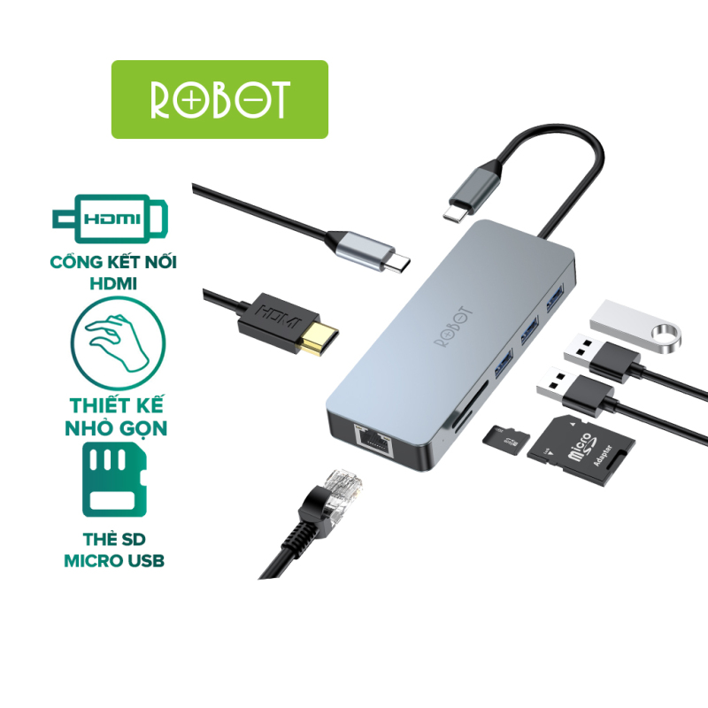 Bảng giá Bộ chuyển đổi 8in1 ROBOT HT380 Type-c cổng kết nối USB 3.0&2.0/ HDMI/PD/SD/TF/PD cho Macbook bộ chuyển đổi máy tính Matebook USB 3.0 - HÀNG CHÍNH HÃNG Phong Vũ