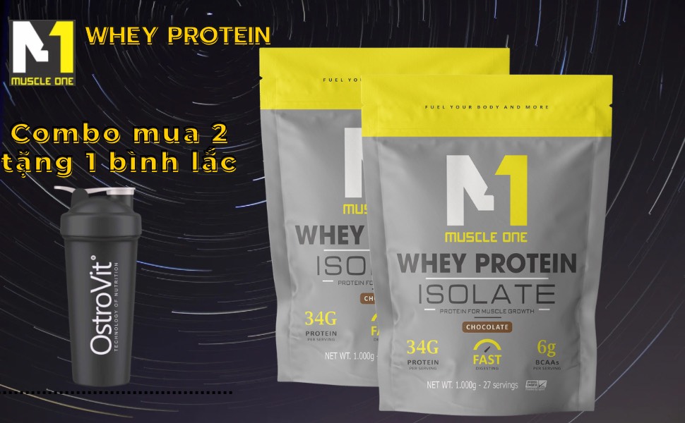 (combo 2 túi tặng bình) whey protein isolate MUSCLE ONE 2kg, sữa tăng cơ giảm mỡ