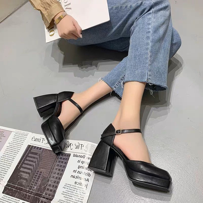 (FREESHIP) Giày Cao Gót Da đế cao 9cm mũi vuông Giày búp bế nữ Da