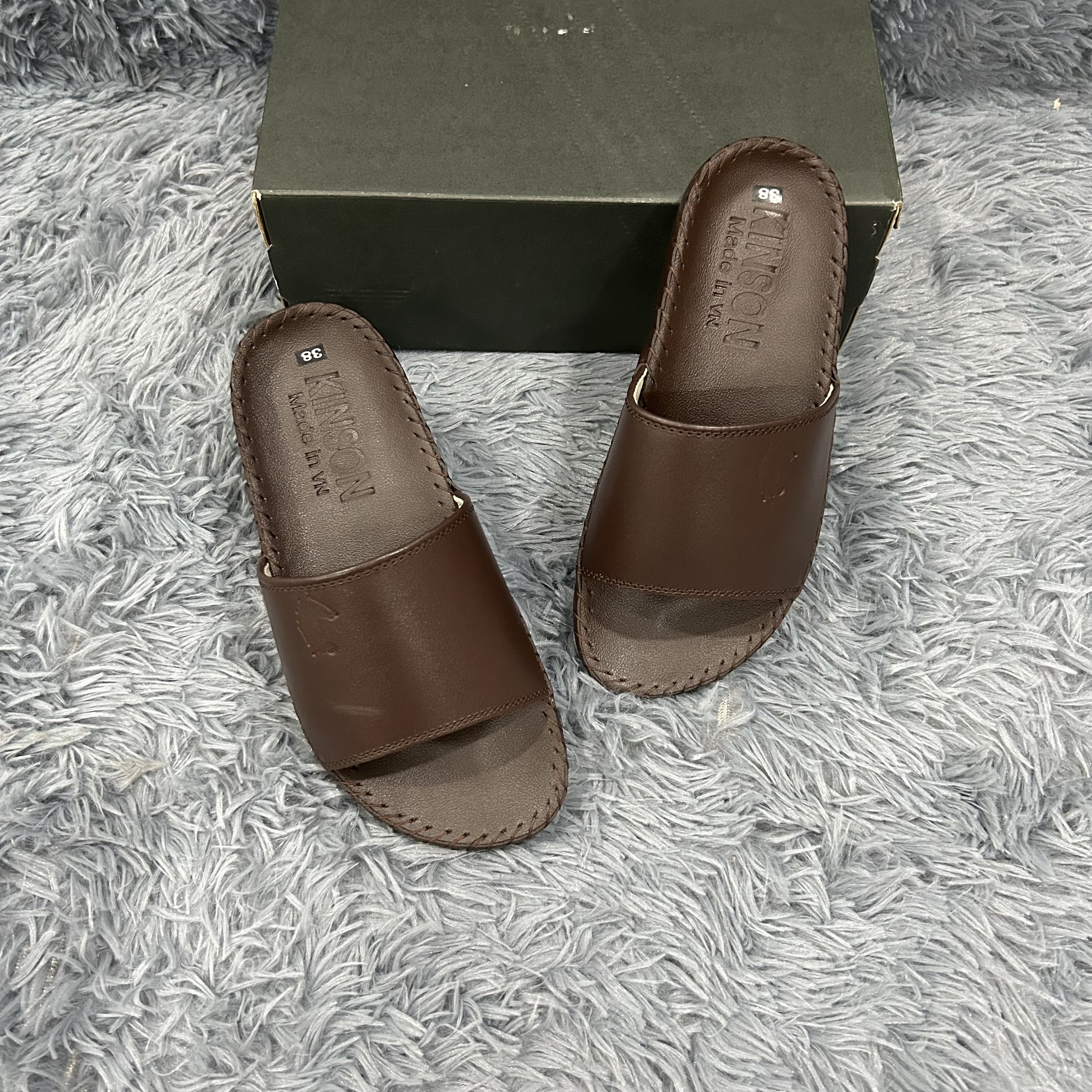 Dép Quai Ngang Nam Da Bò, Dép Nam Cao Cấp, Khâu Chỉ Toàn Bộ, Đế Chống Trượt KINSON Shop