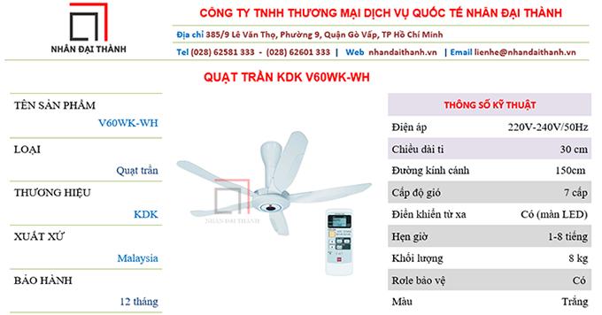 [HCM]Quạt trần kdk Z60WS trắng