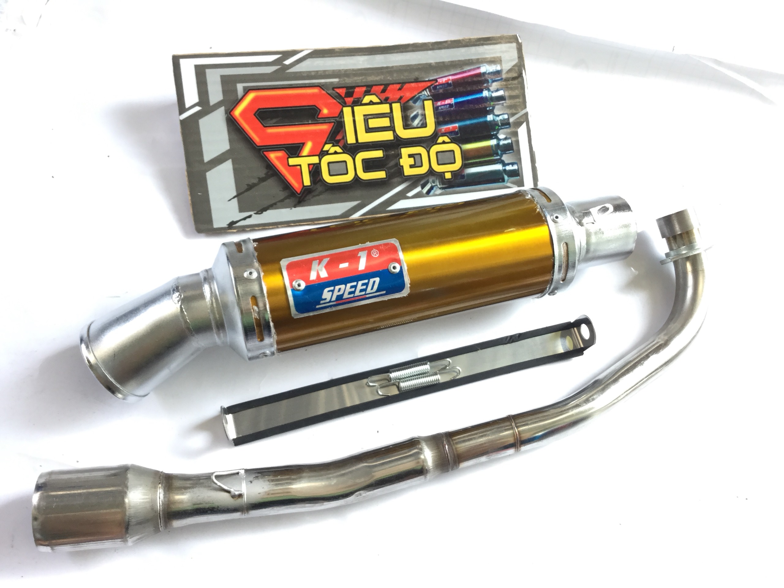 Pô k1 vàng full pass treo lò xo bao gồm cả cổ pô độ cho xe wave 50 - 100, cup, dream, 67, exciter 50cc,...