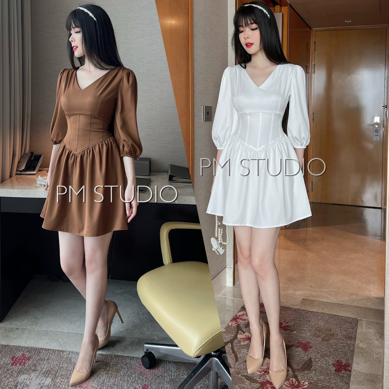 Đầm cổ V eo corset 2 màu nâu,trắng