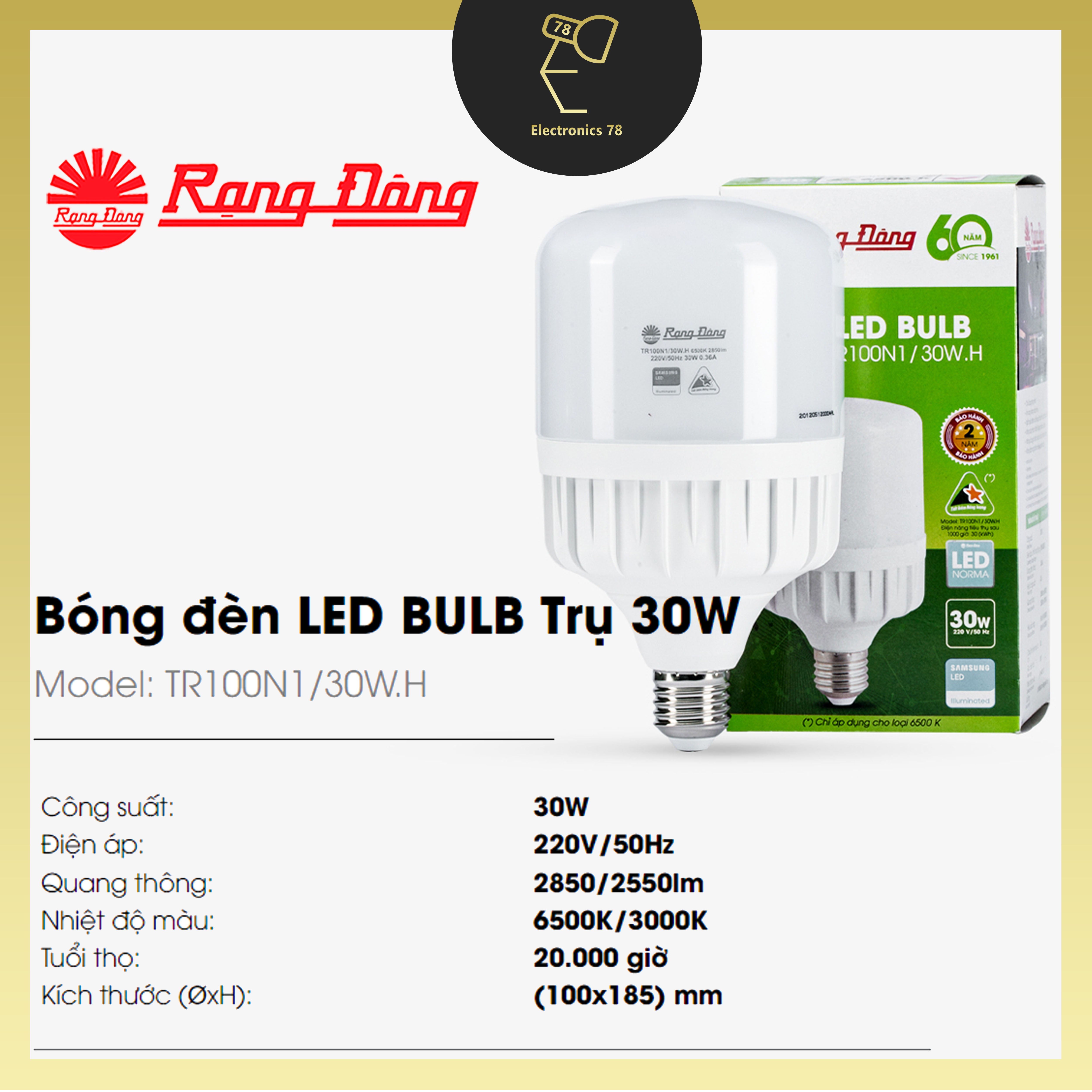 [Chính Hãng] Bóng LED Trụ Rạng Đông, Bóng sáng tiết kiệm điện 20W-30W-40W-50W-60W-80W , Ánh sáng Trắng/Vàng