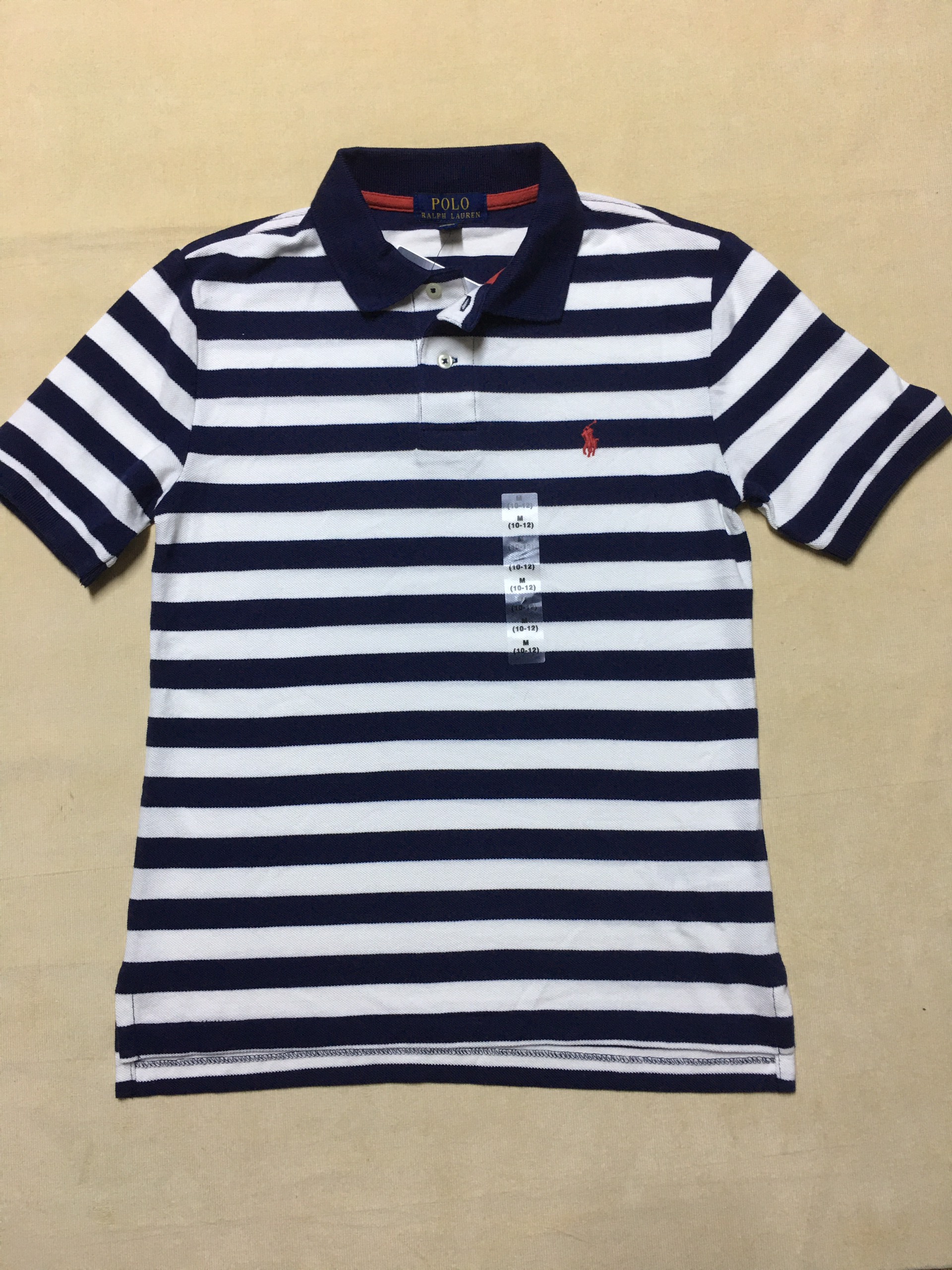 Áo thun bé trai 8-10 tuổi tay ngắn cổ bẻ cotton sọc ngang trắng đen hiệu Polo  Ralph Lauren size M 