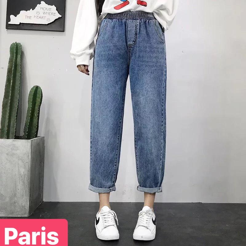 QUẦN BAGGY JEAN NỮ CHẤT BÒ XANH LƯNG THUN CẠP CHUN THU ĐÔNG LƯNG CAO NÂNG MÔNG HÀN QUỐC PR-330 CAO CẤP - PARIS FASHION