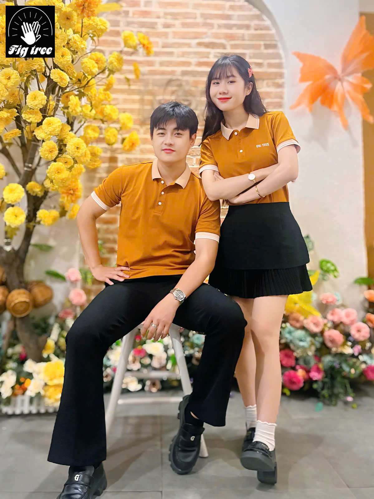 Set áo thun đôi polo Fig Tree màu cam đất siêu hót