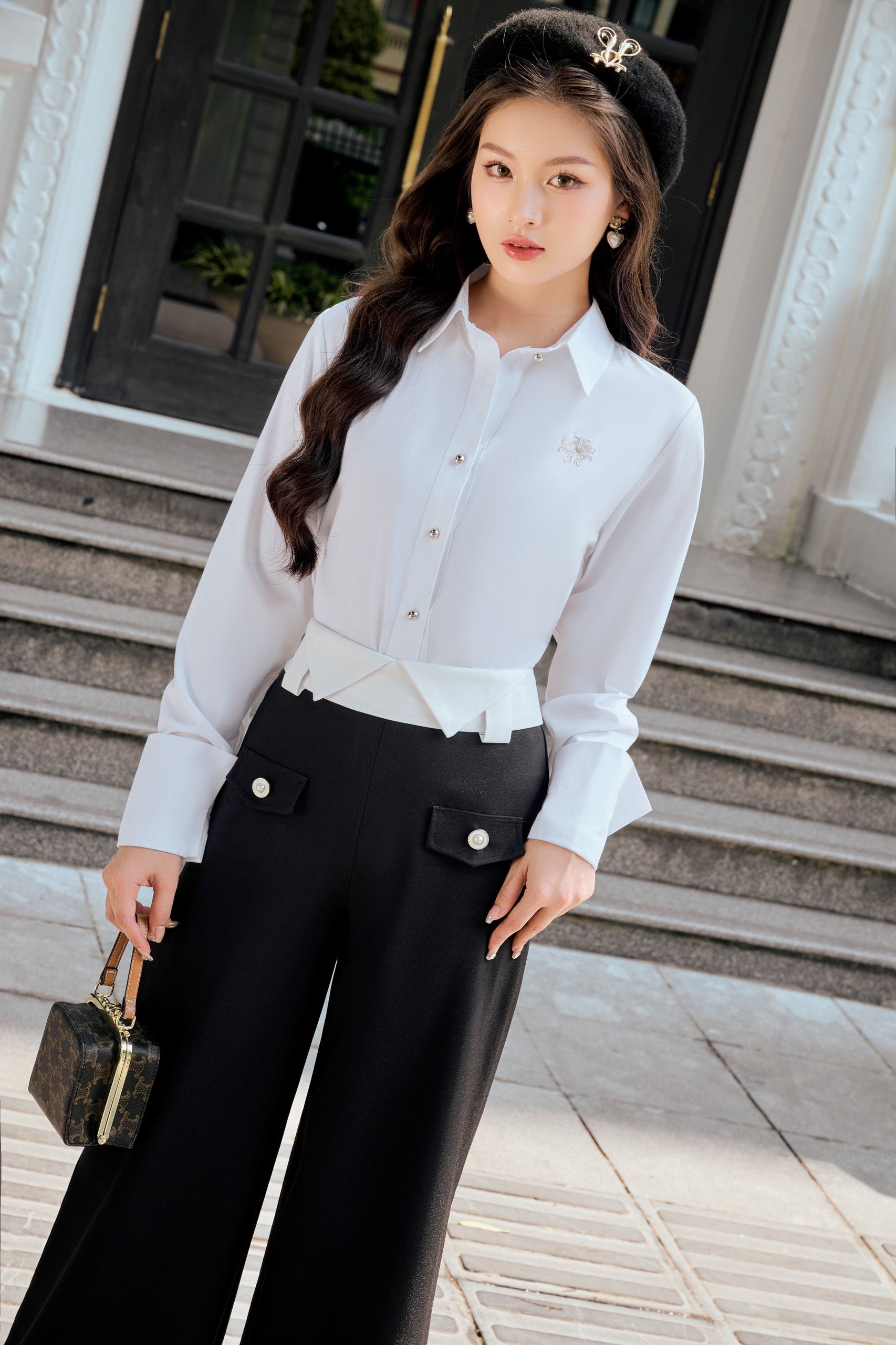 Polly Shirt- Áo Sơ Mi Kiểu Nữ Màu Trắng, Xanh, Kẻ Sọc Tay Dài Form Vừa Công Sở Thêu Logo Cổ Tay Gập Gấu Đi Làm, Đi Học