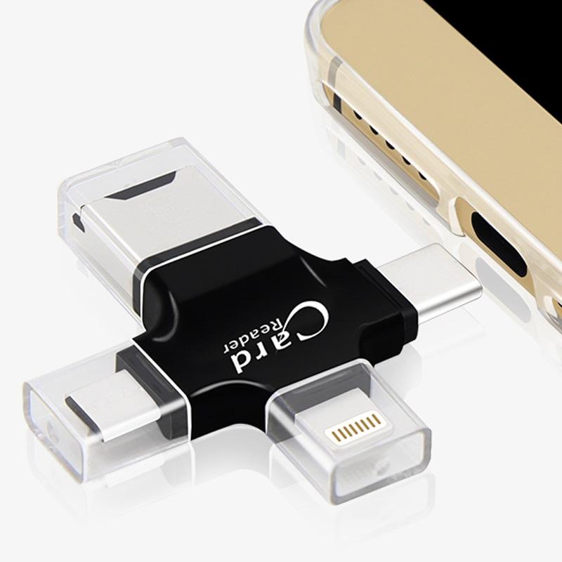 4 in 1 usb type-c and usb 2.0 and micro usb and 8 pin tf card reader for macbook, pc, laptop, smart phone with otg function, support fat32 and exfat - intl