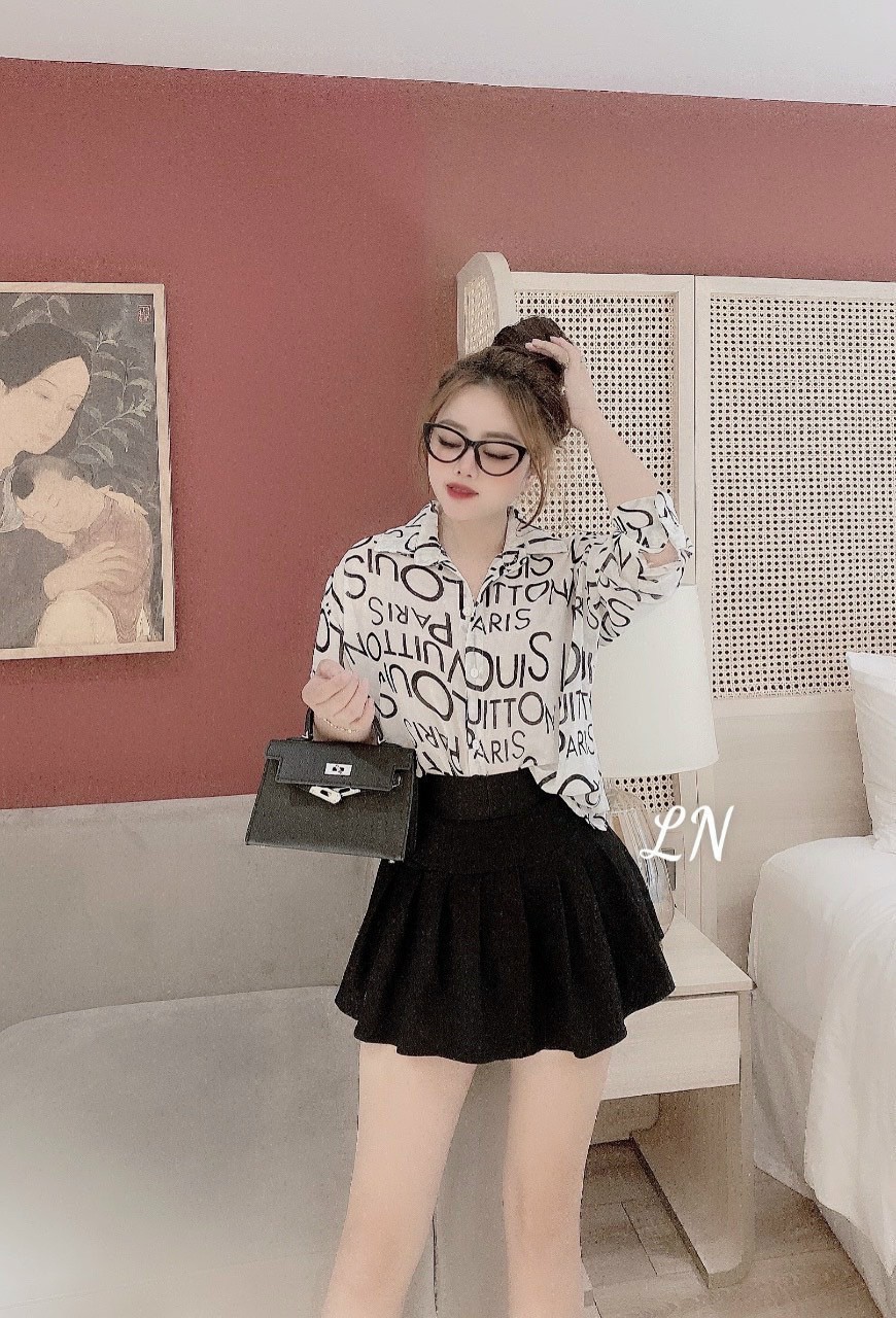 Áo sơmi nữ chất lụa mặc thoáng mátáo sơmi nữ họa tiết chữ thời trangáo nữ form rộng dễ phối đồ sevenshop89 msdn11