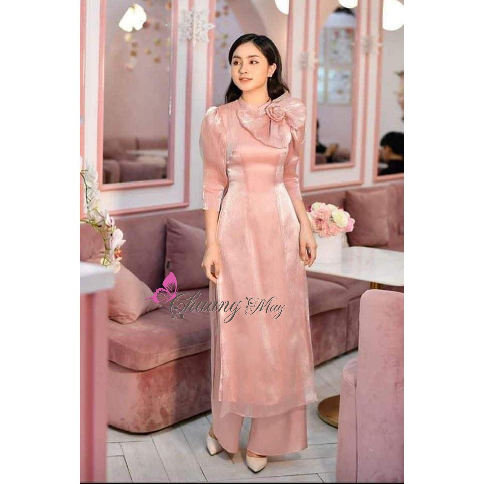 Áo dài cách tân nữ, Chaang may sẵn Áo dài 4 tà hoa nơ thủ công, chất liệu xước tăm kim tuyến đẹp