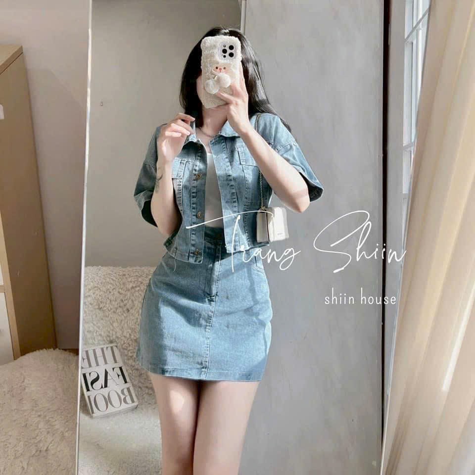 Set jean áo sơ mi croptop cài nút và chân váy chữ A cá tính không kèm lót, set váy năng động mặc dạo phố trẻ trung hàng bán shop