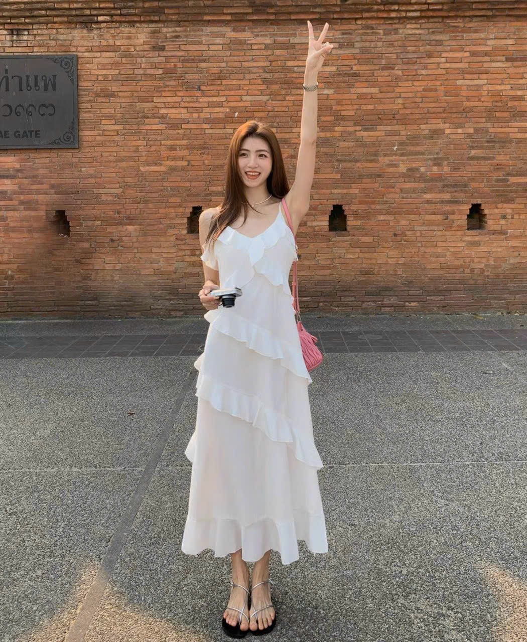Đầm maxi hai dây phối bèo 2 màu