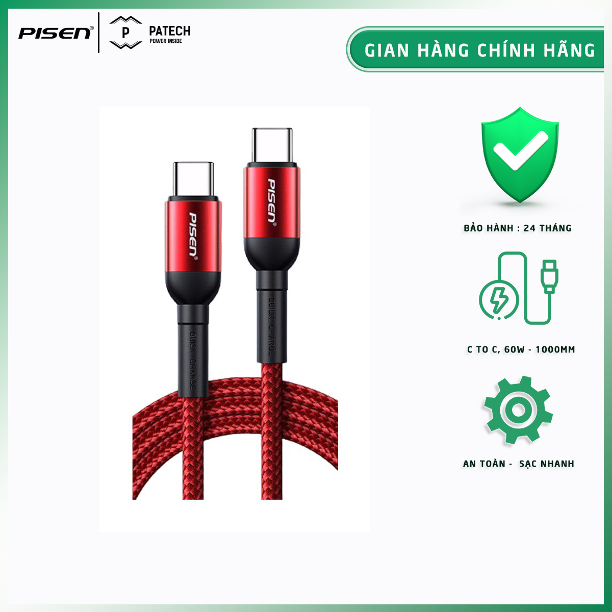 [20H 6/7 - 9.7 Nhập 77LAZSOCIAL80K Voucher giảm 12% đơn từ 250K tối đa 80K]Cáp PISEN Dual Type-C (Type-C to Type-C)  Wine Glass Style Data 1000mm, sạc nhanh, công suất sạc 60W, model: LS-TC05-1000 - Hàng chính hãng, bảo hành 24 tháng