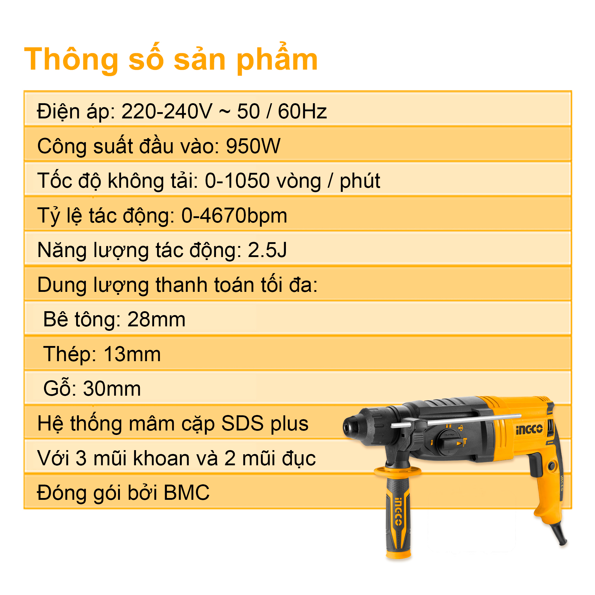 INGCO RGH9528 Máy khoan đục 950W