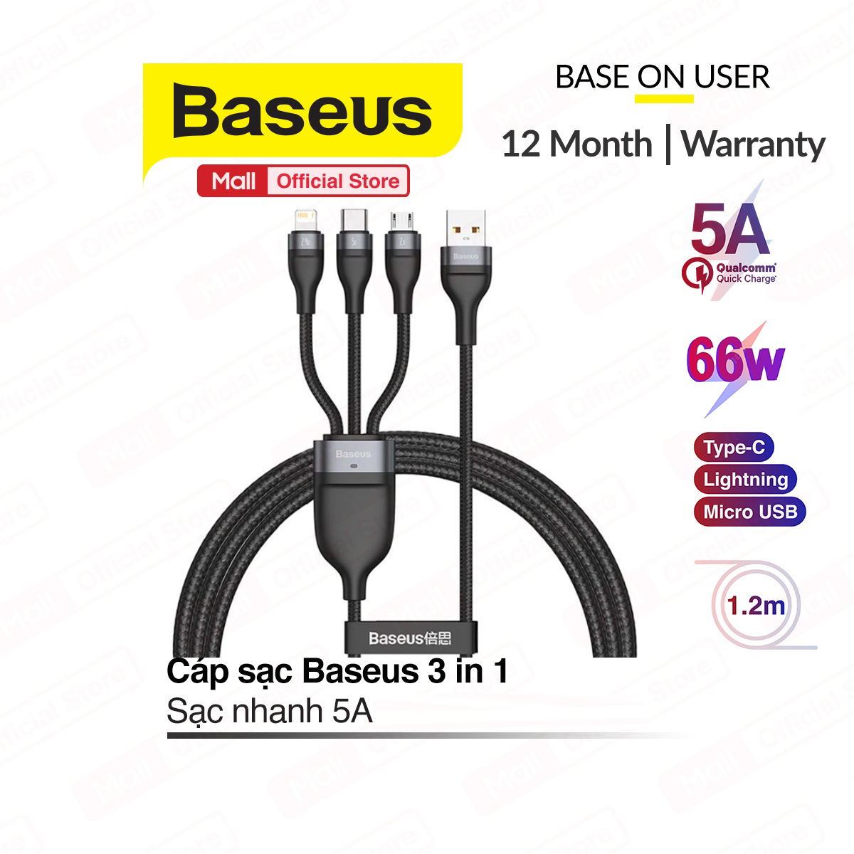 Cáp sạc Baseus 3 in 1 ( Lightning/Micro/Type-c ) sạc nhanh 5A công suất 66W hỗ trợ truyền dữ liệu 480Mbps dài 120cm