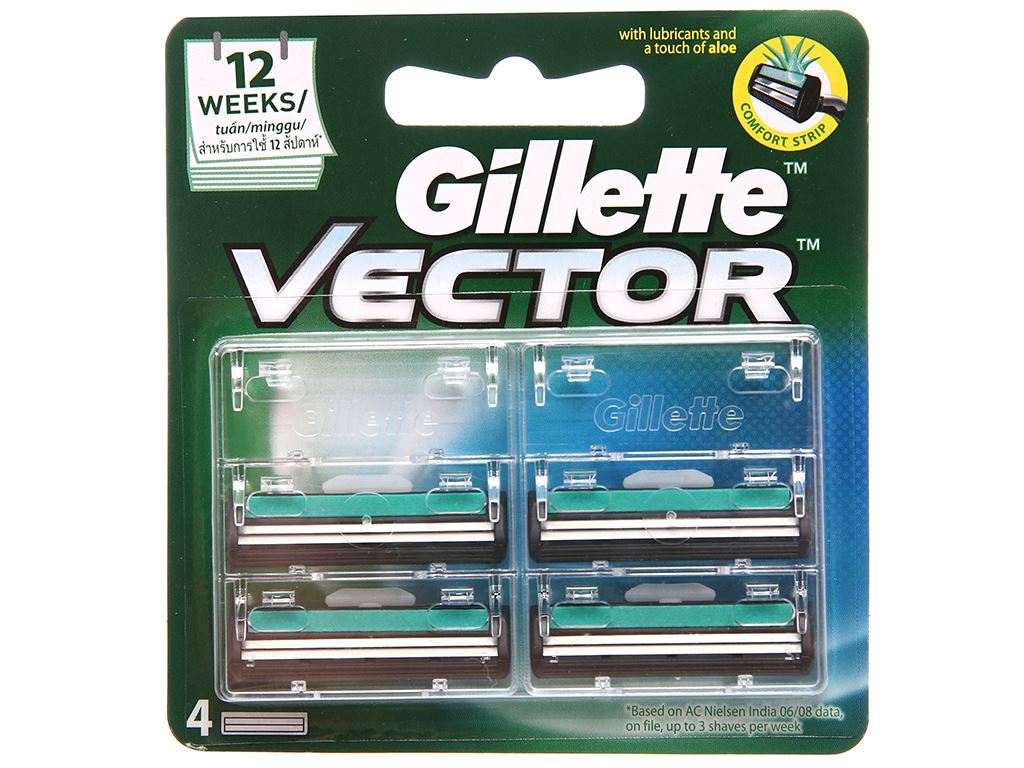 1 Vỉ 4 cái lưỡi dao cạo râu 2 lưỡi Gillette Vector, hệ thống lưỡi kép