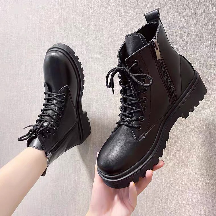 Bốt khóa ngang Ullzang , bốt nữ đế độn da PU Mềm Êm Ôm Chân