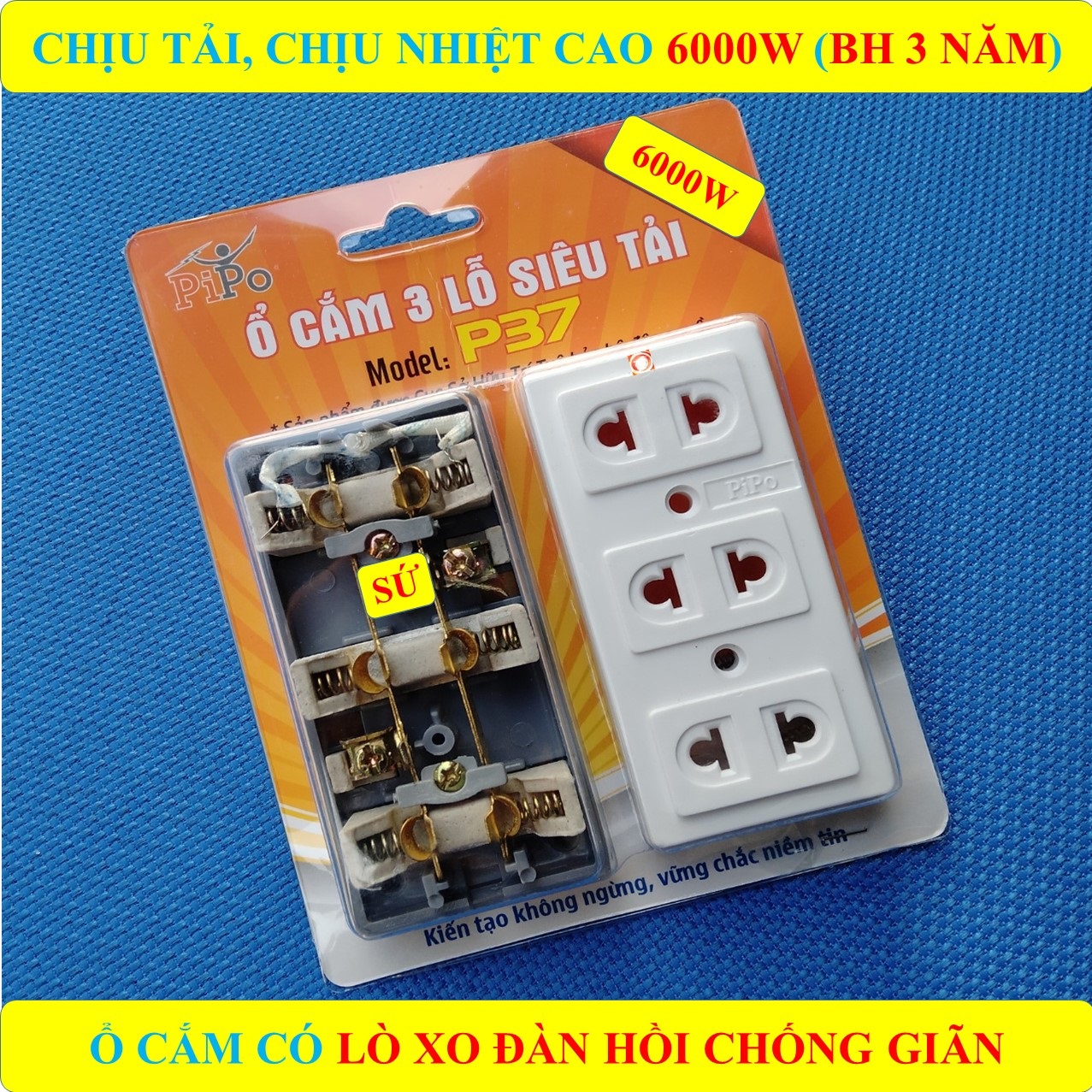 Ổ cắm điện đa năng 6000W/8500W Ổ SỨ chịu tải cao CÓ MÀNG CHE AN TOÀN (BH 3 NĂM) + Ổ cắm đa năng SỨ 100% chịu tải, chịu nhiệt cao + Đèn LED báo (bộ 1 sản phẩm)