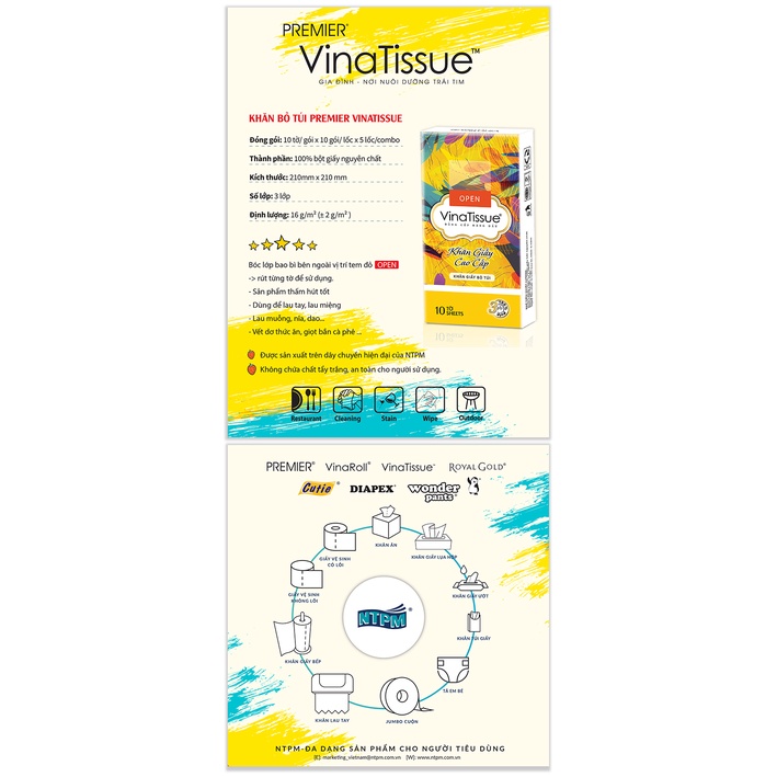 Lot of 10 Packs of Premier Vinatissue Multi-Purpose Pocket Tissue Paper 3 Layers 100% Virgin Pulp, No Bleach, Pack of 10 Sheets