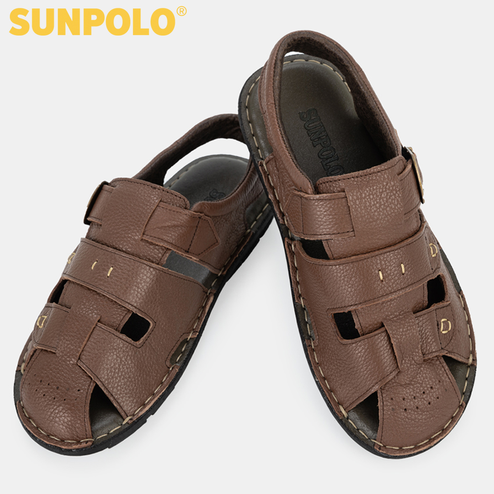 Dép Sandal Nam Da Bò Bít Mũi SUNPOLO SDA020 (Nâu)