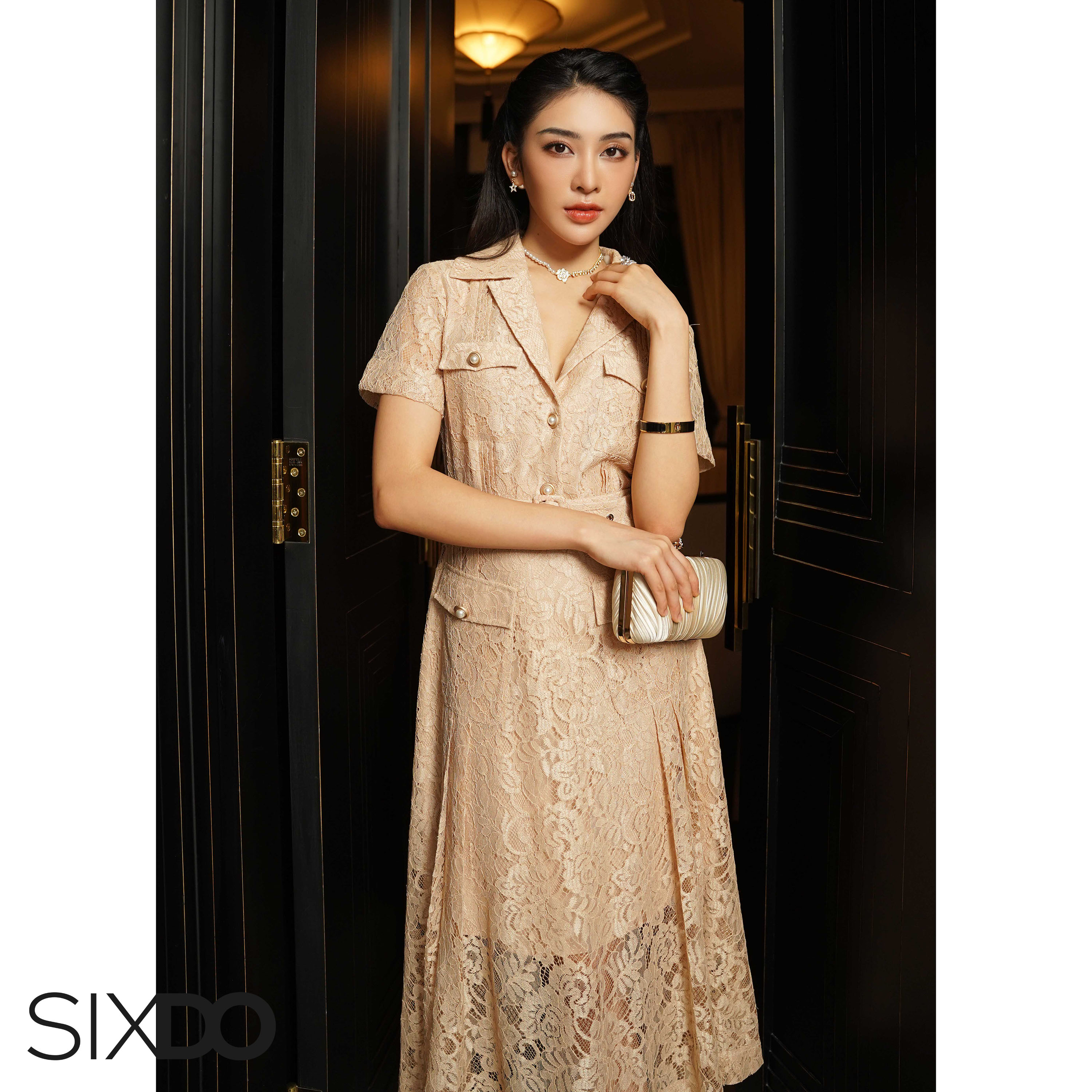 Đầm sơ mi ren phối túi thời trang SIXDO (Beige Short Sleeves Midi Lace Dress)