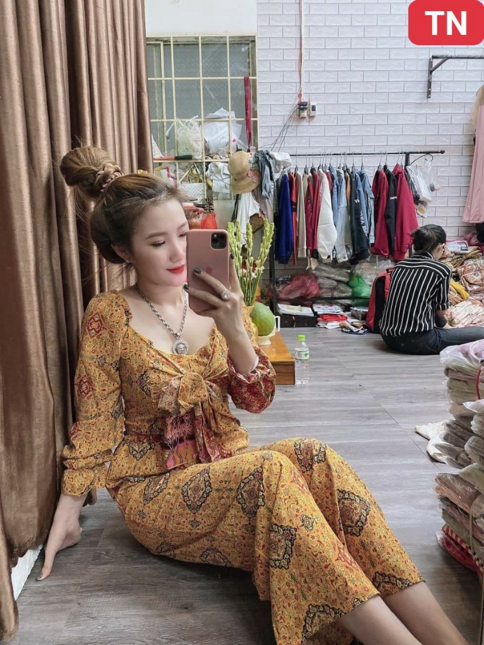 Sét bộ áo cột nơ ngực tay dài thổ cẩm-ZU