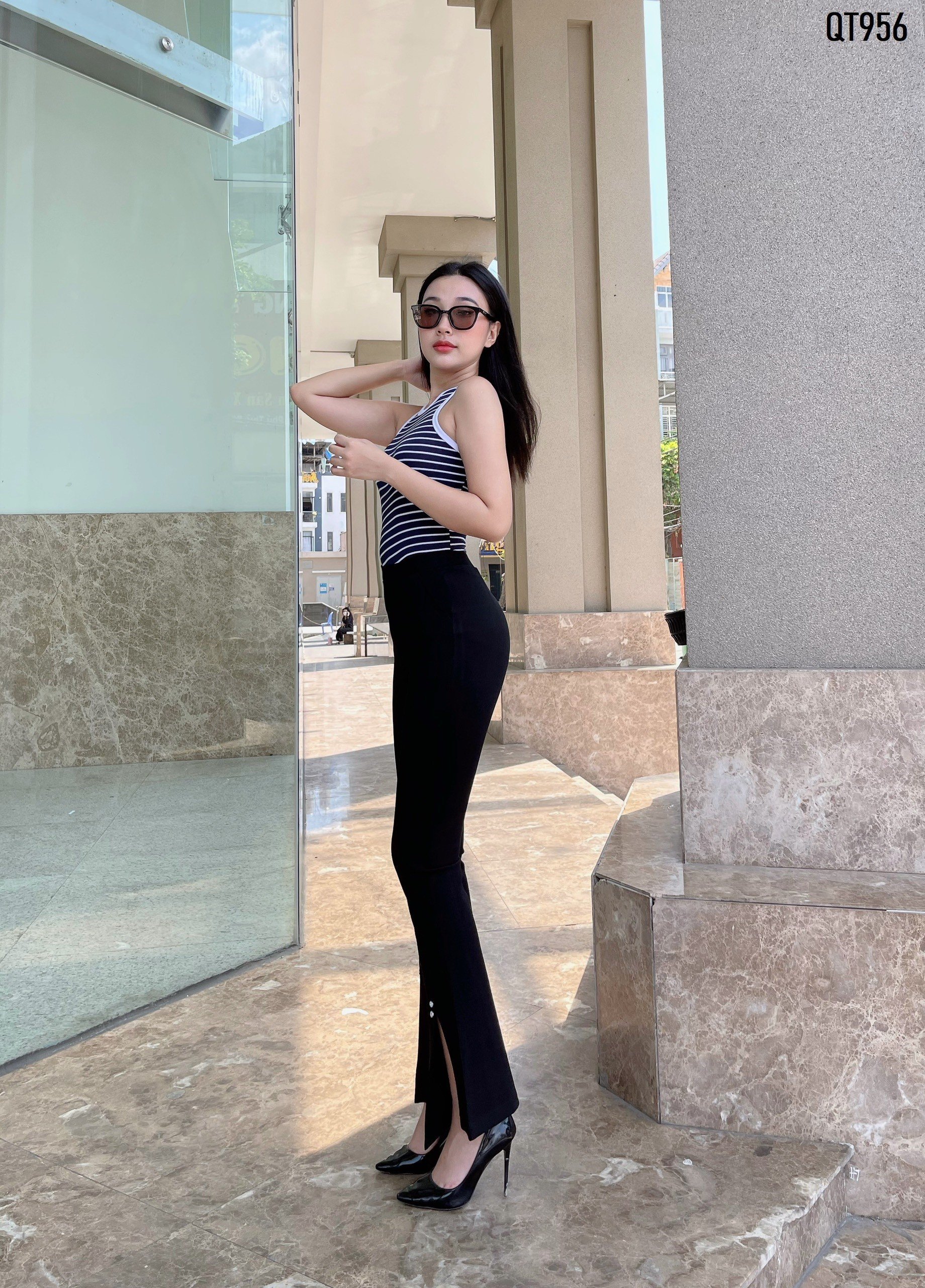 Quần thun nữ loe xẻ gấu tôn dáng QT956
