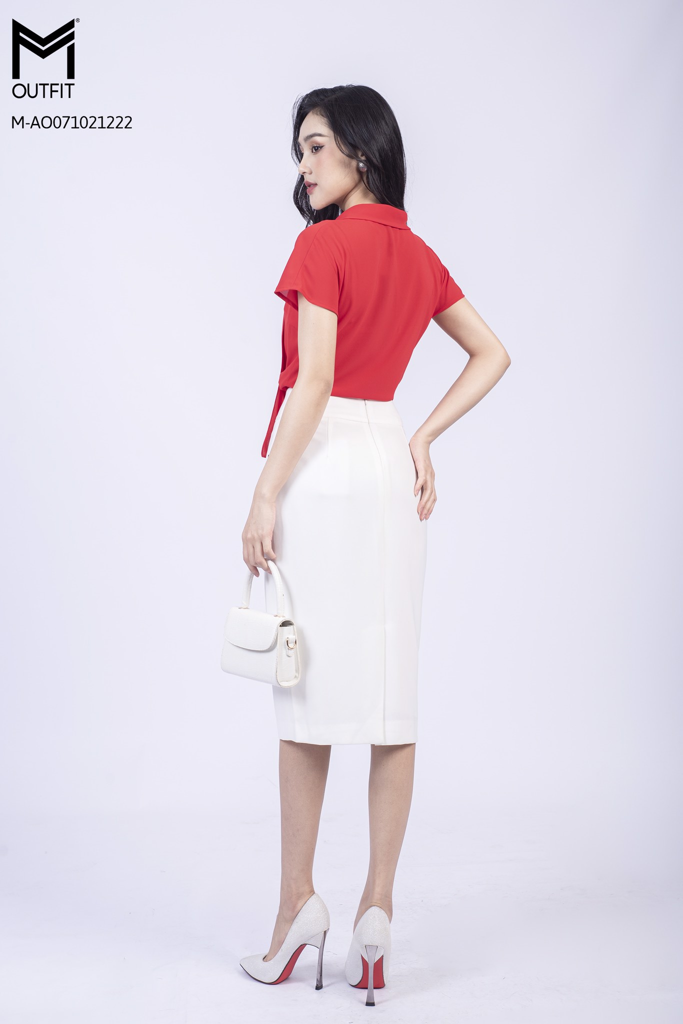 Áo sơ mi tay hến, cổ lệch buộc nơ - Mmoutfit