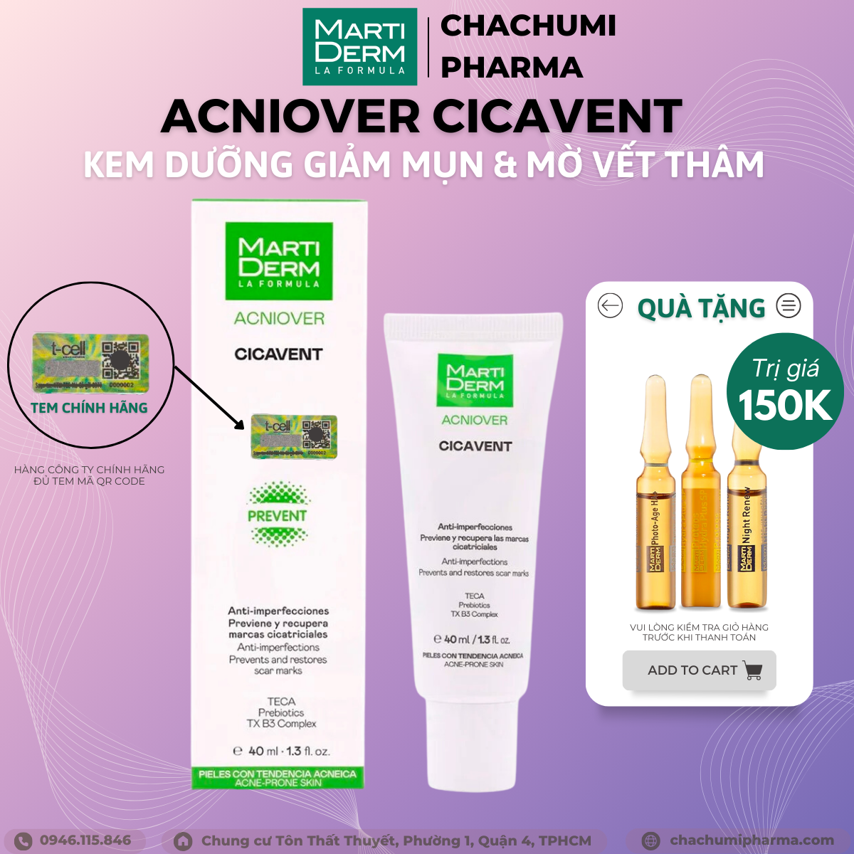 Kem dưỡng giảm mụn & thâm mụn - MartiDerm Acniover Cicavent 40ml