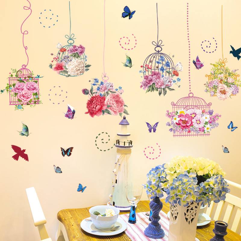 [HCM]DECAL DÁN TƯỜNG LỒNG CHIM HOA SẮC MÀU