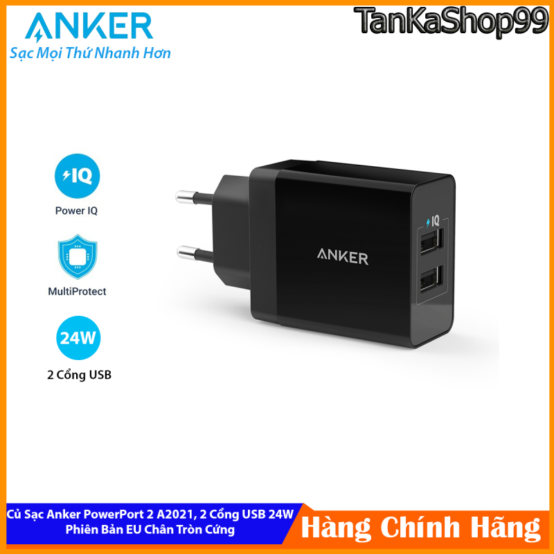 Củ Sạc Anker PowerPort A2021, 24W 2 Cổng USB, Phiên Bản Chân Tròn EU