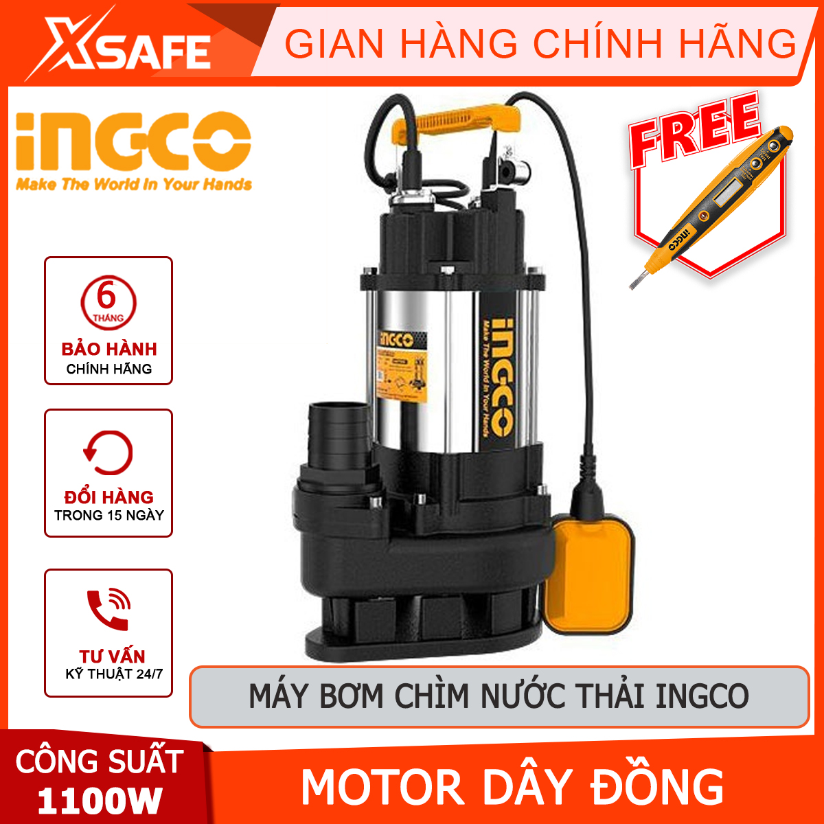 Submersible sewage pump ingco SPDS11008 sewage pump voltage 220-240V ~ 50Hz power 1100W the pressure head 15m flow rate Tu-22M3/H handle the waste water the whole House, works, livestock