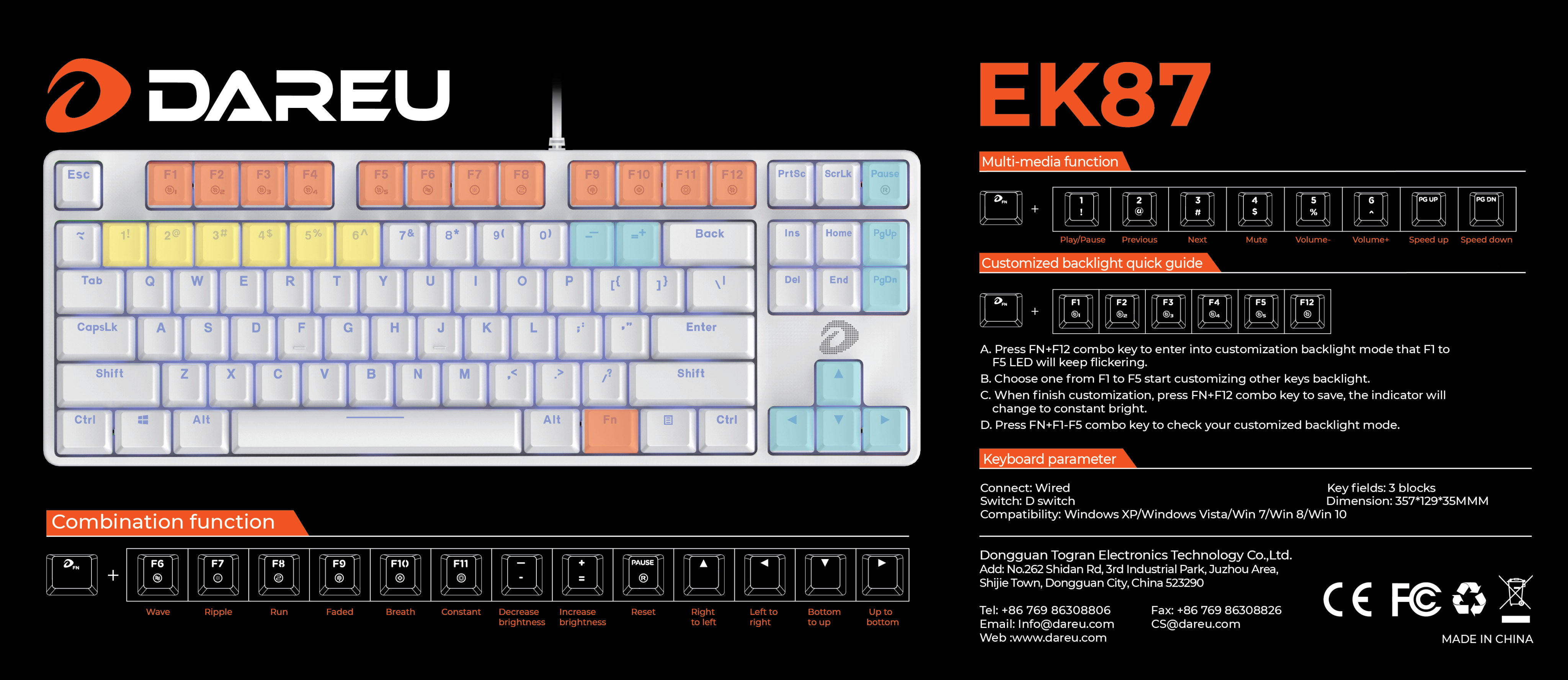 Bàn phím cơ DAREU EK87 Trắng White (Blue/ Brown/ Red D switch)
