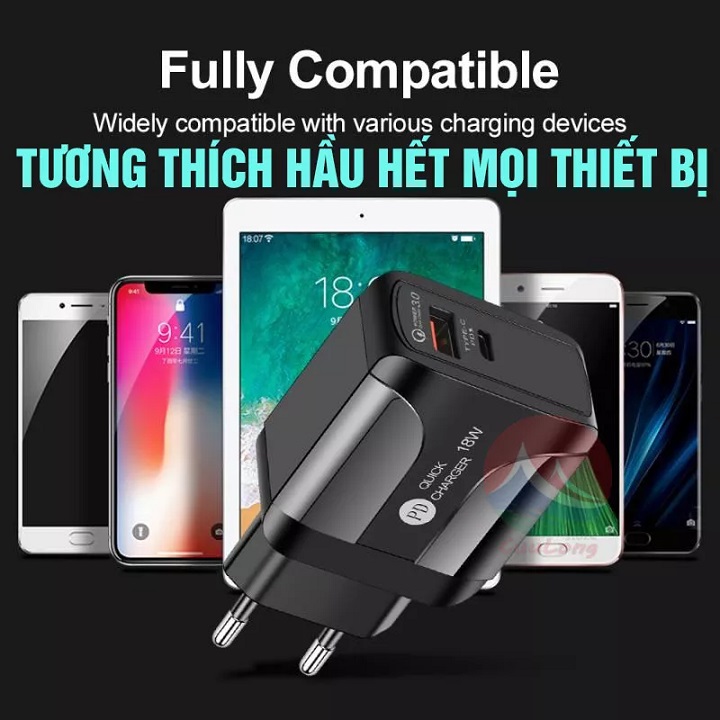 Củ sạc nhanh Usb Qc3.0 cho iphone và các máy androi hỗ trợ 2 cổng USB và Type C