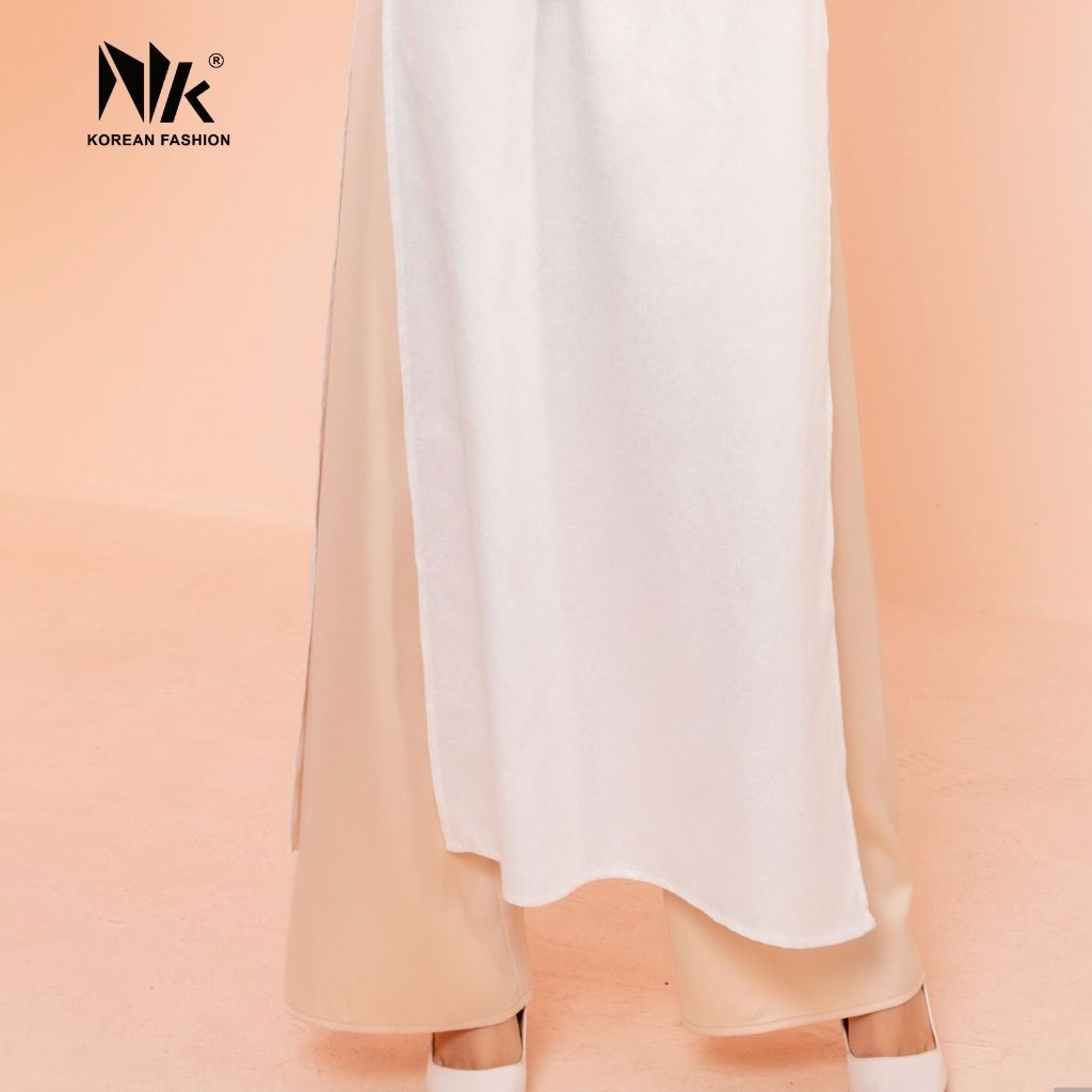 Áo Dài Gấm Cách Tân Trắng NK Fashion NKBD2112004 Thiết Kế Hiện Đại Nơ Cổ Sang Trọng, Màu Sắc Trang Nhã