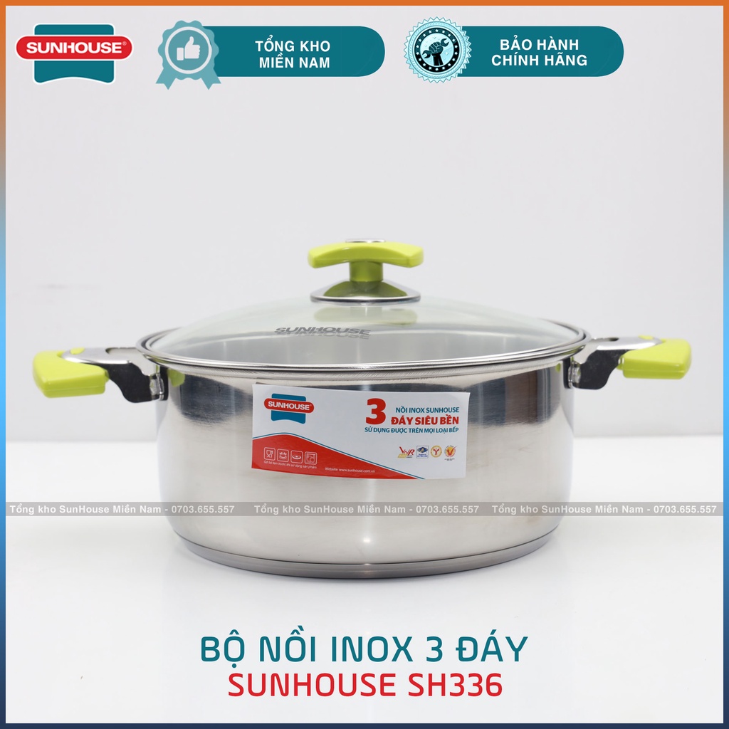 [SH336 SUNHOUSE] Bộ 3 nồi Inox 3 đáy cao cấp