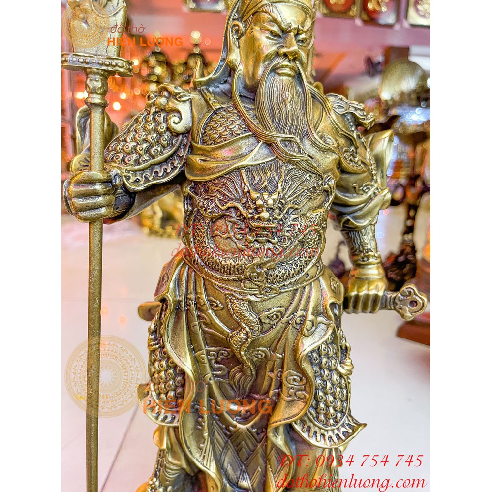 Statue Guan Gong bronze stand hold broadsword high 50,36,33 cm living room decoration, working room